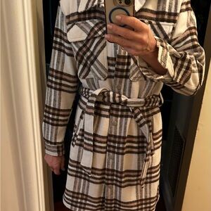 Ci Sono Plaid Belted Coat - Brown and Cream